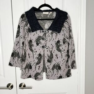 Anthropologie Sleeping On Snow Koi Fish Cardigan Sweater Jacket SZ L Grey